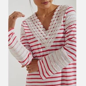 Coolibar Samoa Bay Cover-Up Mini Dress Red White Stripe Bell Sleeve Lace M NWT